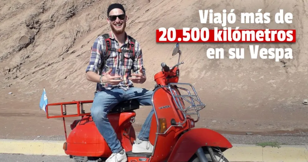 Conocé al alemán que pasó por San Juan y recorre Sudamérica en su Vespa 