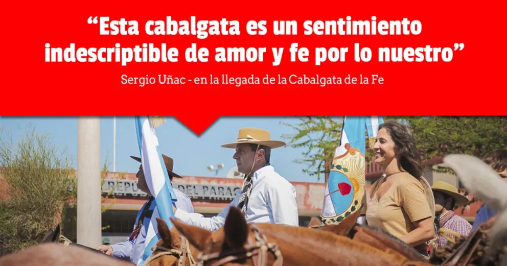 Uñac recibió a los jinetes en su llegada a la Difunta Correa 